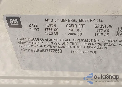 2013 Chevrolet Cruze Ls Auto из США, поврежденный, VIN 1G1PA5SH9D7172660